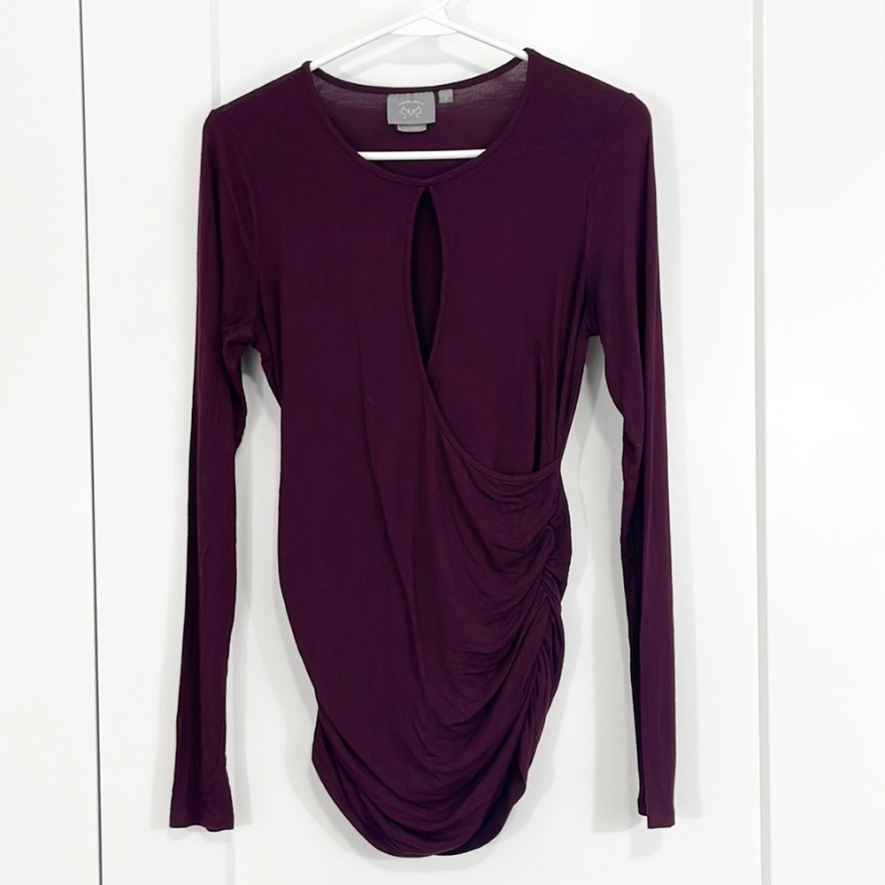 Anthropologie Vanessa Virginia Small Burgundy Wrap Long Sleeve Ruched Blouse